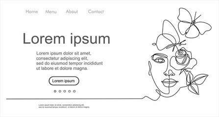 Woman face continuous one line vector drawing. Style templates with abstract female face and rose. Can used for logo, emblem, slide show and banner. Illustration with quote template. 