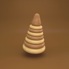 Wooden pyramid toy floating on a brown background, 3d render