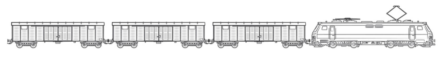 Electric cargo train with livestock wagon - outline vector stock illustration.
