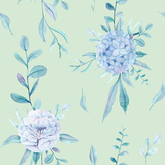 Watercolor hand painted seamless pattern with blue flowers hydrangea and peony