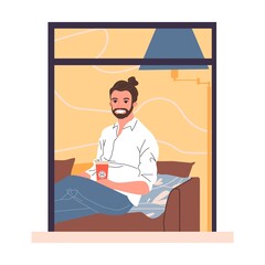 Fototapeta premium Open window with man in apartments vector illustration. Exterior of building with men and women living inside