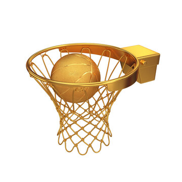 Basketball in a gold rim on a white background, 3d render