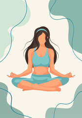 Faceless girl in lotus position. Faceless style. Faceless. Girl. in the lotus position. The girl is doing yoga. yoga class. Poster. Poster with a girl. Fitness center poster