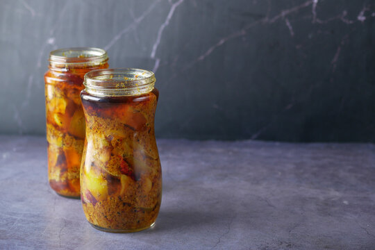Homemade Mango Pickle In A Glass Jar On Table ,