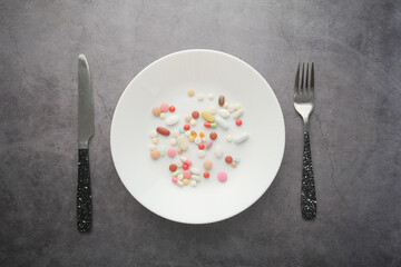 close up of colorful pills on plate 