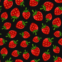 Strawberries Seamless Pattern on Black Background. Vector