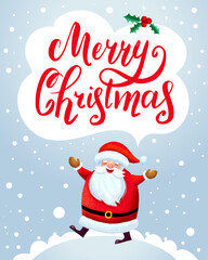 template for congratulations on christmas and new year in cartoon style. funny santa claus. lettering