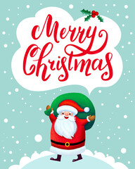 template for congratulations on christmas and new year in cartoon style. funny santa claus. lettering