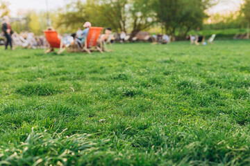 Blurred garden with lighting sunset. Close up view of a lawn level. Green grass natural background. summertime season. selective focus. Public park with people. Field For mock up - Powered by Adobe