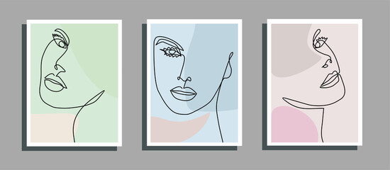 Abstract face one line drawing. Portrait minimalistic style. Set