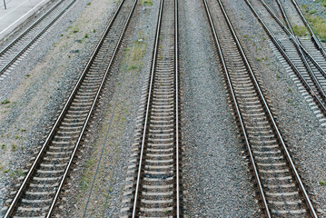 Fototapeta na wymiar Railroad, empty rails outdoors. Top view, perspective