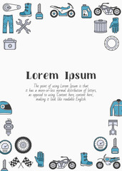 Moto - vertical card with text and vector color illustrations of motorcycle, engine, wheel, helmet and other parts and accessories symbols for graphic design