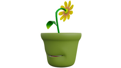 A 3d Illustration of A Cartoon of Flowerpot. Flowerpot is a container, usually made of clay or plastic, in which a plant is grown 