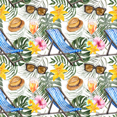 Watercolor summer vacation-themed seamless pattern. Hand-painted striped sling chair, sunglasses, palm leaf, cocktail, flowers on white background with tropical leaves.
