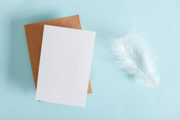 A mock-up of an envelope, a white sheet of paper and white feathers on a light blue background
