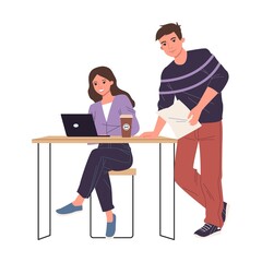 Colleagues team discussing analytical data vector illustration. Business process Teamwork, efficiency and company workflow concept