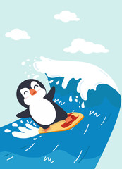 Happy penguin cartoon surfing vector