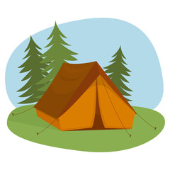 Tourist camping tent, against the background of trees. Travel and adventure concept.