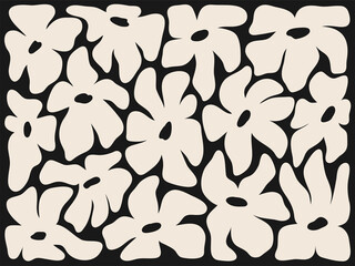 Floral vector pattern with daisy blossoms in frame. Hand drawn monochrome illustration with cute abstract floral motif. botanical pattern on a black background.