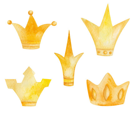 Watercolor illustration of hand painted golden crowns for queens and kings. Royal jewelry headwear for prince and princess. Monarchy symbol. Isolated clip art elements for postcards, business cards