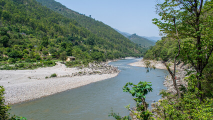 View of Sharda river in Pancheshwar near Lohaghat in Champawat district Uttarakhand, India