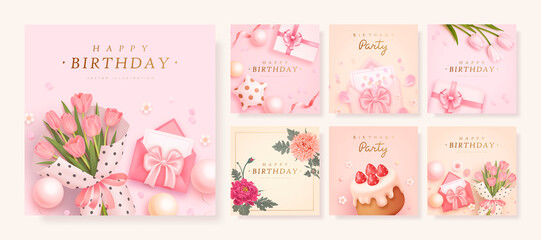 Fototapeta na wymiar Set of happy birthday square greeting card with realistic gift box, tulips, balloons, envelope. Vector illustration