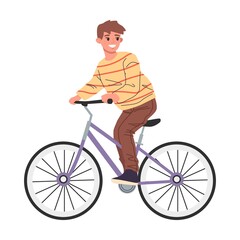 Obraz premium Young son riding bikes outdoors. Man, woman, boy cycling in park. Vector illustration for family activities, lifestyle