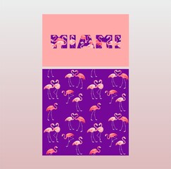 Seamless wallpaper in very peri color with pink flamingo birds and fashion shirt print with Miami lettering