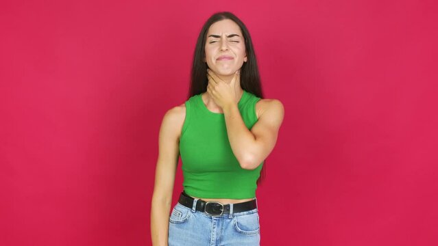 Young brunette woman with sore throat over isolated background