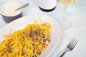 Carbonara di pesce, special plate of carbonara and fish.