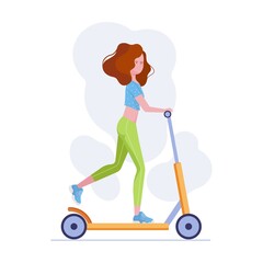 Young woman rides a scooter. Teenagers using urban vehicle. Young people riding scooter, bike, skateboarding flat vector illustration. Leisure, activity