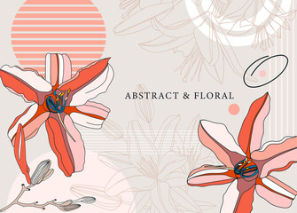Collage style lily vector illustration. Hand-sketched lily  flowers. Trendy design with botanical outlines, geometric shapes, and abstract elements. Floral print, poster,  social media, wall art.