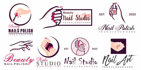 Nail studio or nail polish icon set logo design for beauty salon with unique concept