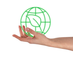 Woman hand holding green earth and leaf isolated on white background. Ecology, nature protection, struggle against global environmental problems. High quality photo