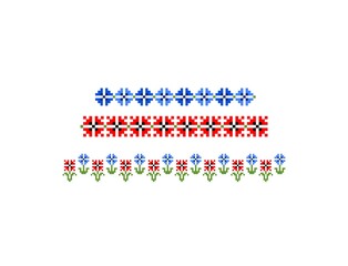 Seamless borders with traditional emboidery design with red abstract poppies and blue cornflower. Folk pattern isolated on white background