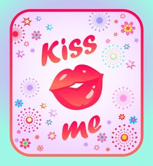 Social media greeting concept pink colored lips and kiss me lettering for Valentines day congratulation