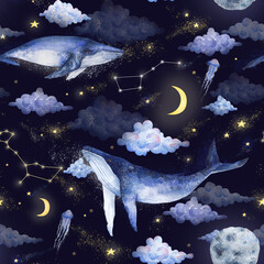 Watercolor whales, clouds, moon, stars, space, seamless pattern. Watercolor sea animals illustrations. Background print, wear design, baby shower, kids cards, linens, wallpaper, textile. © ZubiZub