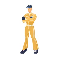 Fototapeta premium F1 race winner. Vector illustration of driver in uniform, medals for victory. Cartoon racer character, racing car