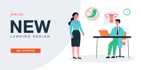Woman having appointment with gynecologist. Female character having problem with becoming pregnant flat vector illustration. Health care, pregnancy concept for banner, website design, landing web page