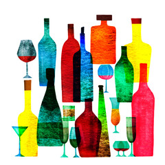 Textured watercolor silhouettes of different bottles and glasses. Wine illustration. Print. Isolated.