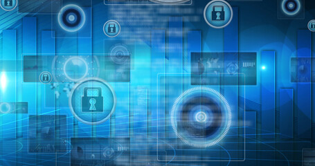 Fototapeta premium Image of data processing and padlocks on blue background