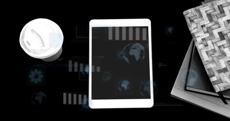 Image of data processing over tablet on black background