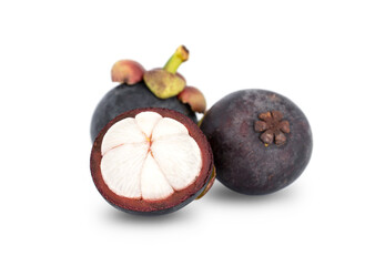 Ripe mangosteen Queen of fruits. and cut in half, ready to eat isolated on white background.