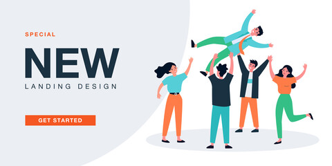 Team of happy colleagues tossing up in air winner businessman. People celebrating victory flat vector illustration. Achievement, success concept for banner, website design or landing web page