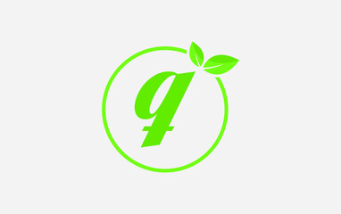 Fresh green leaf nature and healthy leaf logo design vector with the letter and alphabets Q