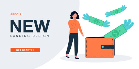 Sad woman with money flying away from wallet. Tiny person under stress from losing money flat vector illustration. Bankruptcy, financial crisis concept for banner, website design or landing web page