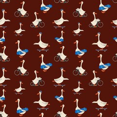 Seamless pattern with goose with skateboard,on skate,white farm animal on blue bike. Print with extreme sports for kids design, fabric, wallpapers, textile, nursing, paper, books, toys. © Инна Назарова