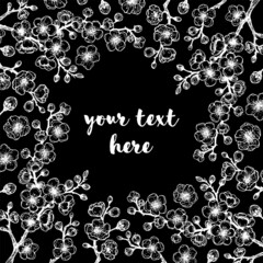 Sakura flowers hand drawn sketch. Vector illustration. Sakura blossom frame. Floral background. Japanese spring.