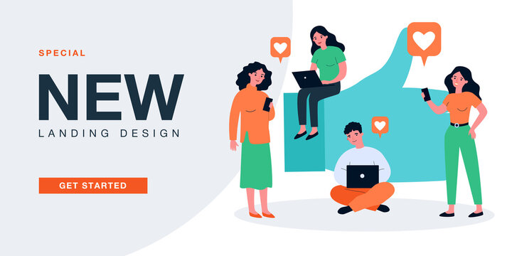 People holding electronic device and liking photos, posts and comments. Modern characters scrolling networks flat vector illustration. Social media concept for banner, website design, landing web page