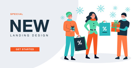 Parents and grandfather holding shopping bags and gift boxes. Family shopping before Christmas flat vector illustration. Winter holiday preparation concept for banner, website design, landing web page